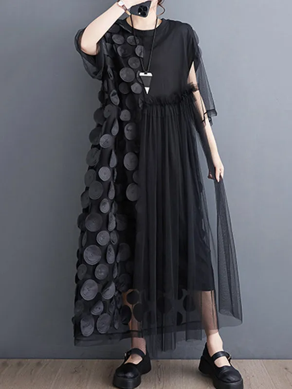 Loose Short Sleeves Asymmetric Gauze Split-Joint Round-Neck Midi Dresses