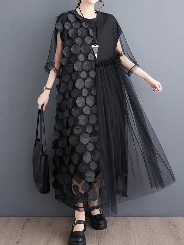 Loose Short Sleeves Asymmetric Gauze Split-Joint Round-Neck Midi Dresses