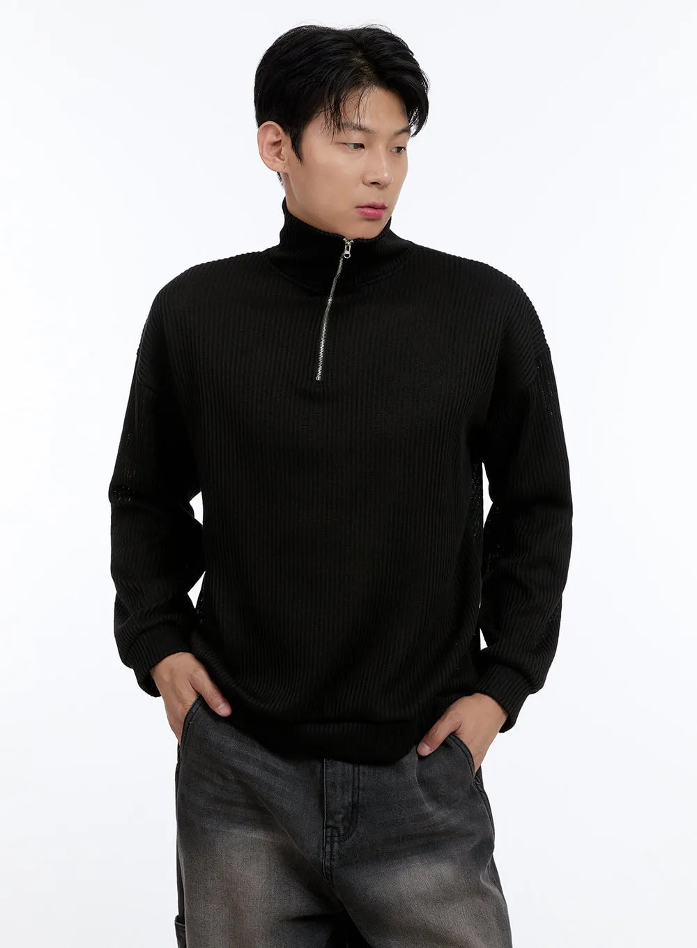 Men's Soft Cable Knit Zip-Up Pullover IG427