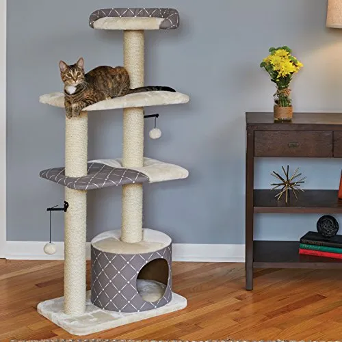 MidWest Homes for Pets Cat Tree | Tower Cat Furniture, 5-Tier Cat Tree w/Sisal Wrapped Support Scratching Posts & High Cat Look-Out Perch, Mushroom/Diamond Pattern, Large Cat Tree