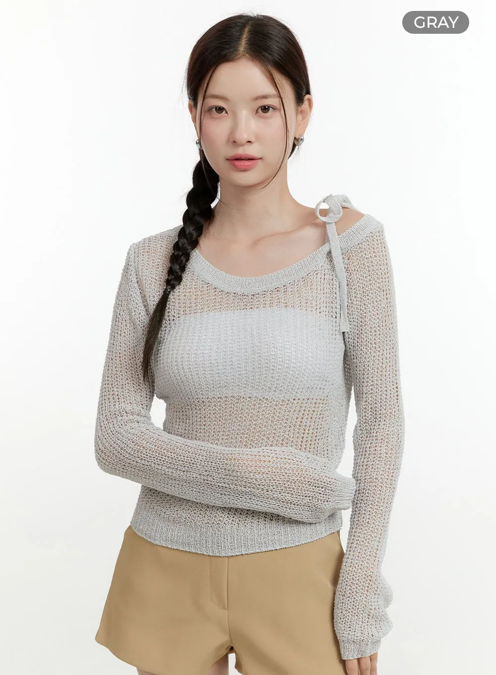 One-Shoulder Strap Mesh Knit Top OL423