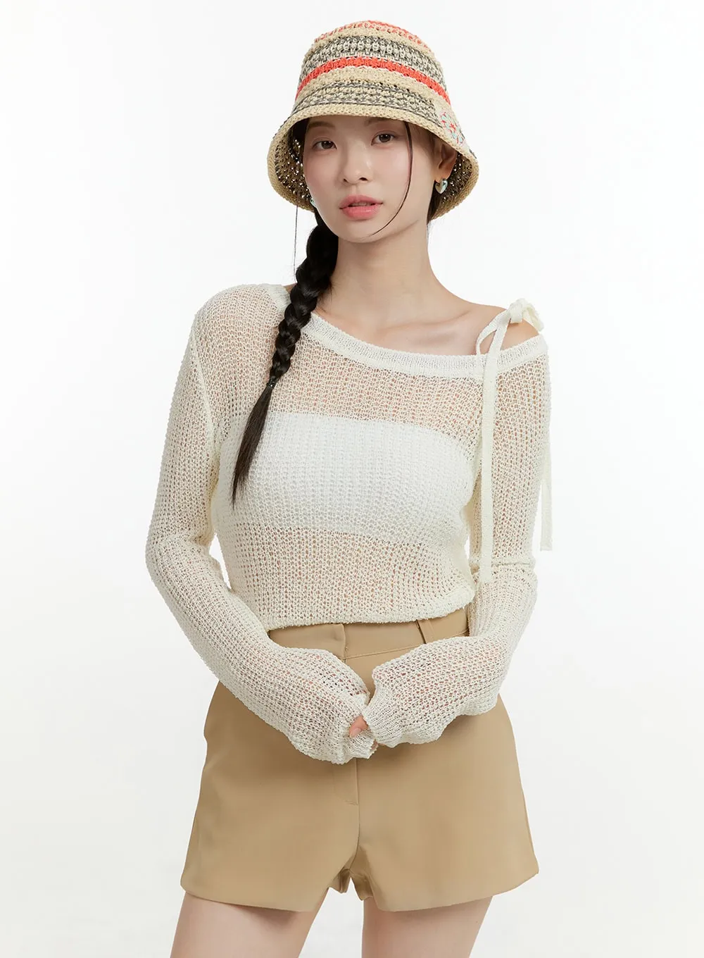 One-Shoulder Strap Mesh Knit Top OL423