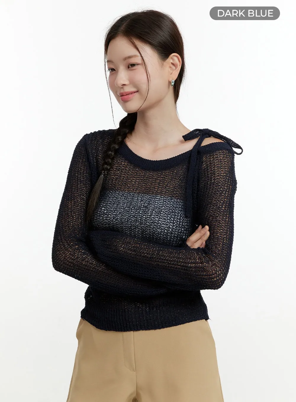 One-Shoulder Strap Mesh Knit Top OL423