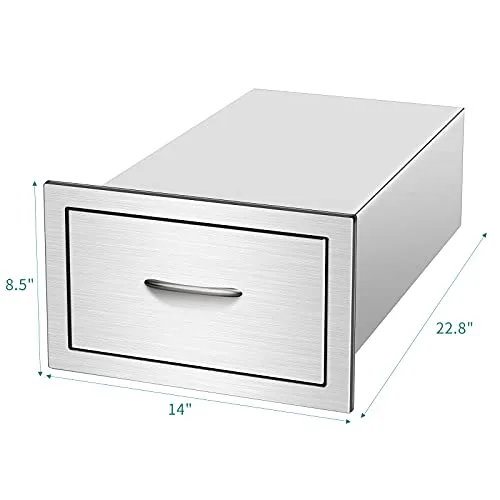 Outdoor Kitchen Drawer 14W x8.5H x22.8D inch 304 Stainless Steel Single Layer BBQ Drawer with Stainless Steel Handle,Very Suitable for Outdoor Kitchen or Barbecue Island(14W x 8.5H x 22.8D Inch)