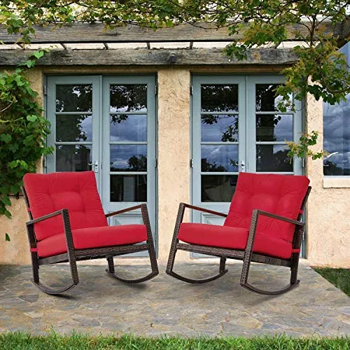 Patiomore Outdoor Rocking Wicker Chair, All-Weather PE Wicker Rattan and Thick, Washable Cushions for Garden, Backyard, Pool, Porch (Red)