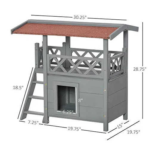 PawHut Outside Wooden Cat House, Enclosed Shelter with Balcony, Stairs, Multi-Tier Elevated Cover for Small Pets, Grey