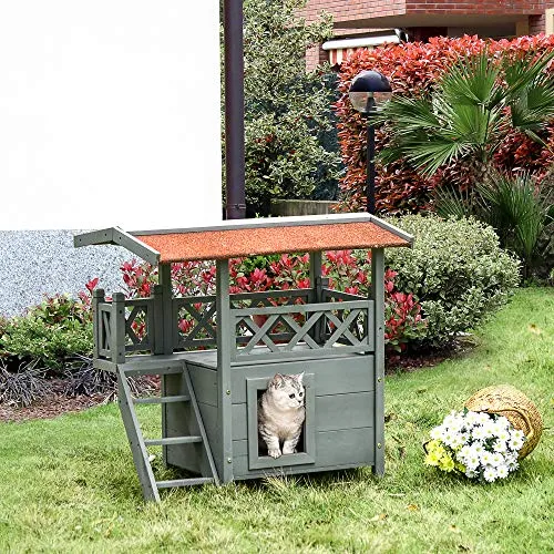 PawHut Outside Wooden Cat House, Enclosed Shelter with Balcony, Stairs, Multi-Tier Elevated Cover for Small Pets, Grey