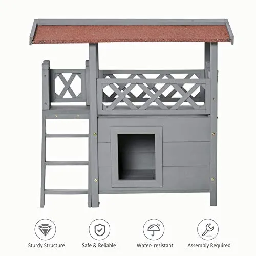 PawHut Outside Wooden Cat House, Enclosed Shelter with Balcony, Stairs, Multi-Tier Elevated Cover for Small Pets, Grey