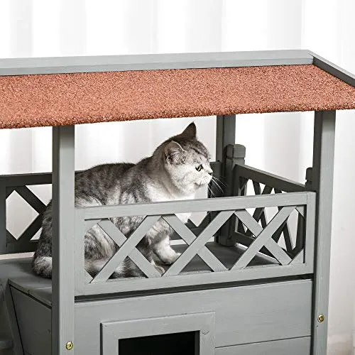 PawHut Outside Wooden Cat House, Enclosed Shelter with Balcony, Stairs, Multi-Tier Elevated Cover for Small Pets, Grey