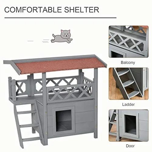 PawHut Outside Wooden Cat House, Enclosed Shelter with Balcony, Stairs, Multi-Tier Elevated Cover for Small Pets, Grey