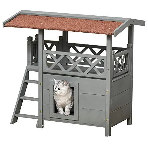 PawHut Outside Wooden Cat House, Enclosed Shelter with Balcony, Stairs, Multi-Tier Elevated Cover for Small Pets, Grey