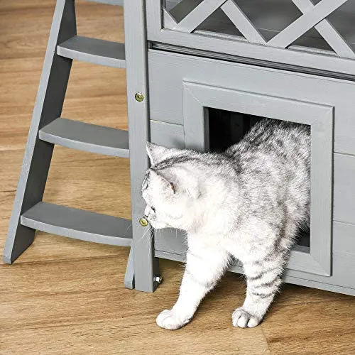 PawHut Outside Wooden Cat House, Enclosed Shelter with Balcony, Stairs, Multi-Tier Elevated Cover for Small Pets, Grey