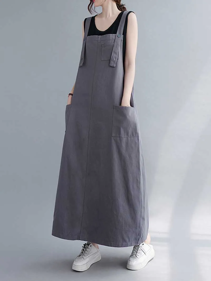 Plain Cotton Sleeveless Pocket Style Salopette Dress