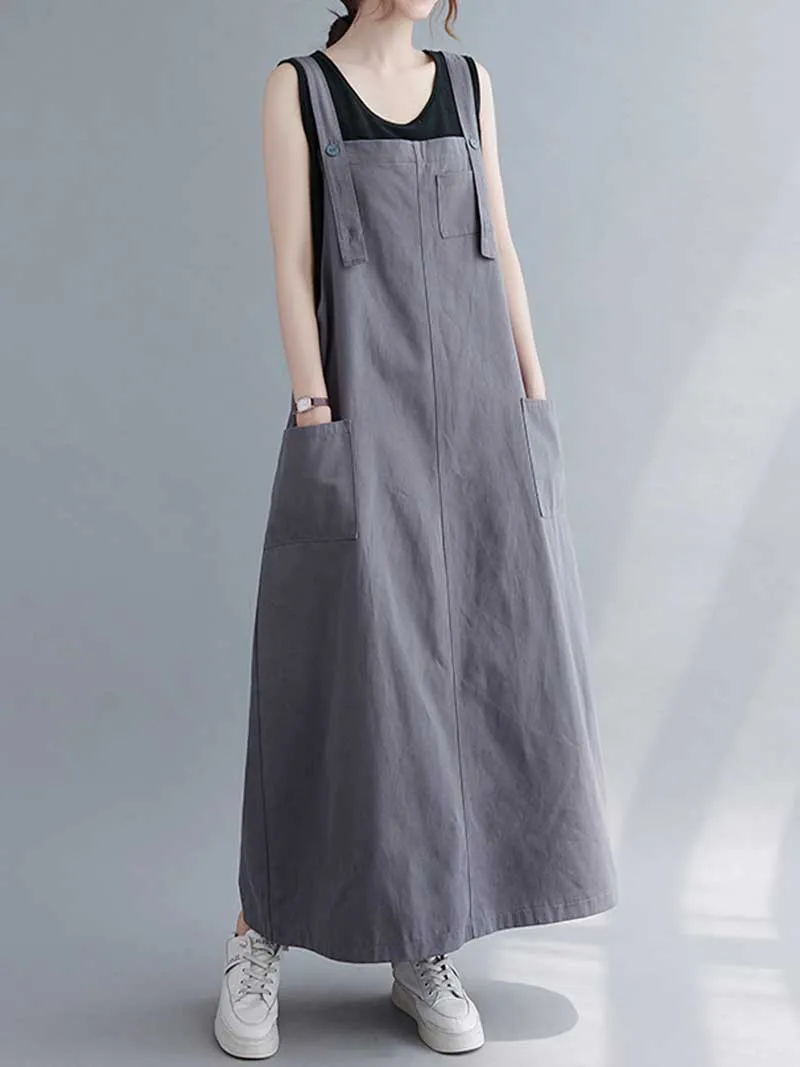 Plain Cotton Sleeveless Pocket Style Salopette Dress