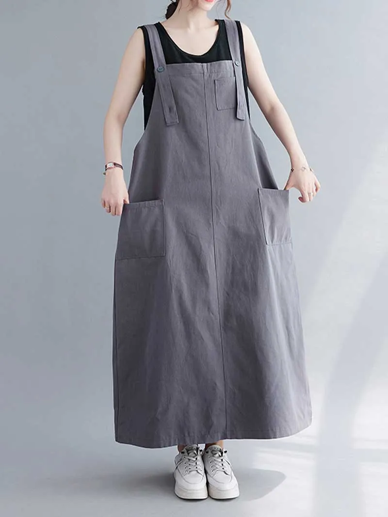 Plain Cotton Sleeveless Pocket Style Salopette Dress