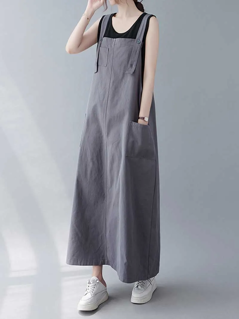 Plain Cotton Sleeveless Pocket Style Salopette Dress