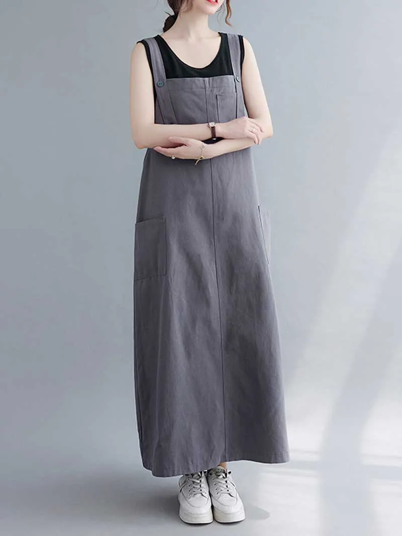 Plain Cotton Sleeveless Pocket Style Salopette Dress