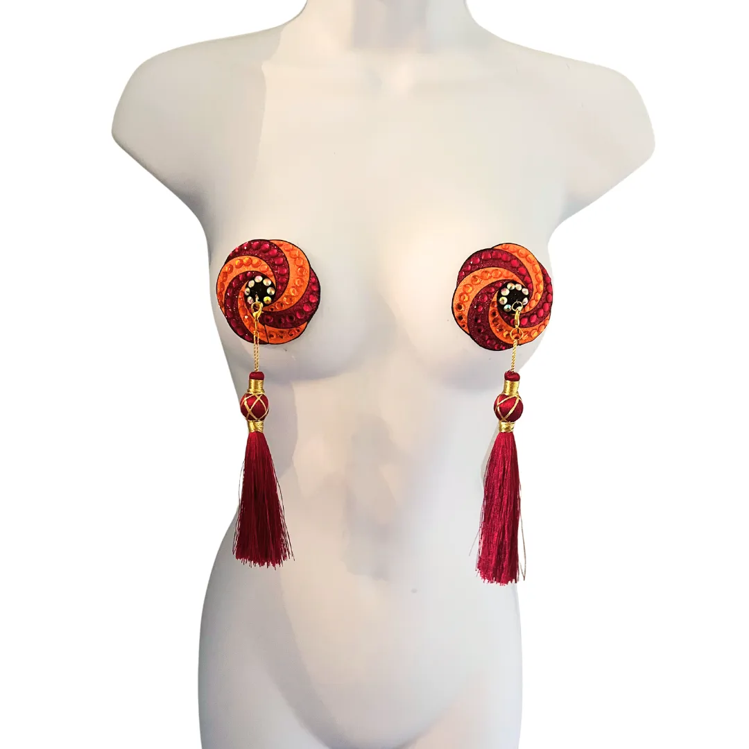 RASPBERRY SORBET Burgundy and Orange Swirl Nipple Pasties, Covers (2pcs) with Removable Tassels