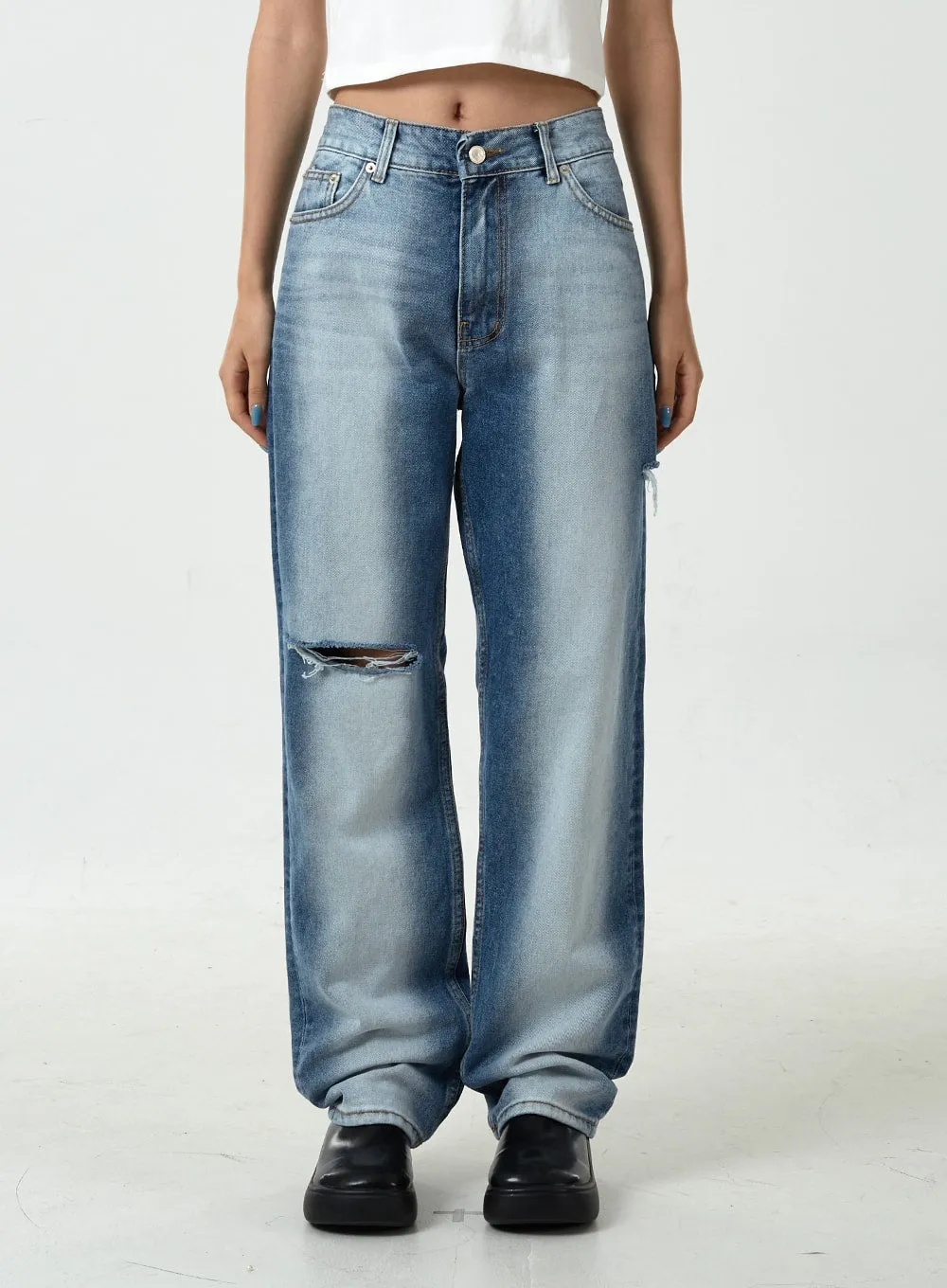 Side Bleached Slit Denim Pants CU14