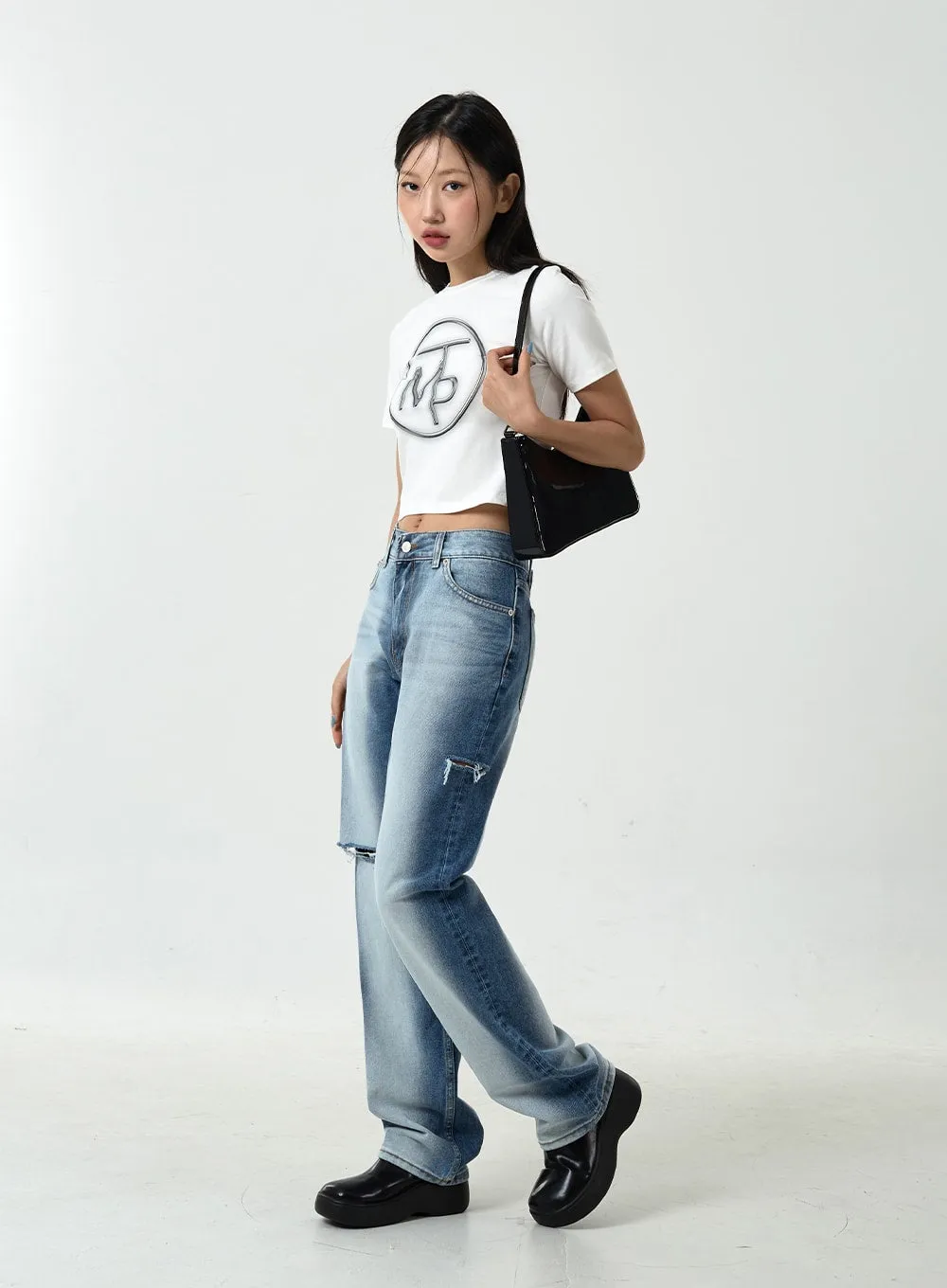 Side Bleached Slit Denim Pants CU14