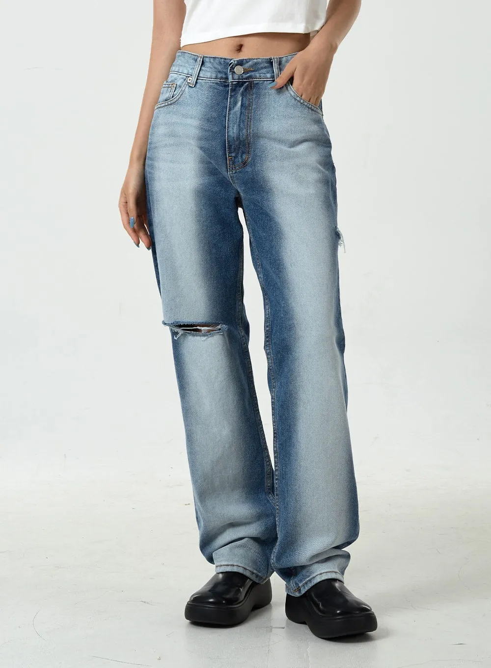 Side Bleached Slit Denim Pants CU14