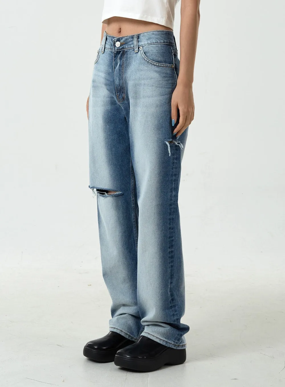 Side Bleached Slit Denim Pants CU14