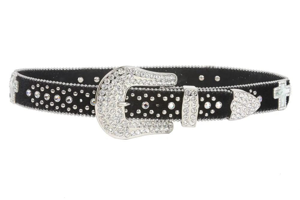 Snap On Rhinestone Cross Silver Circle Studded Faux Fur Genuine Leather Belt