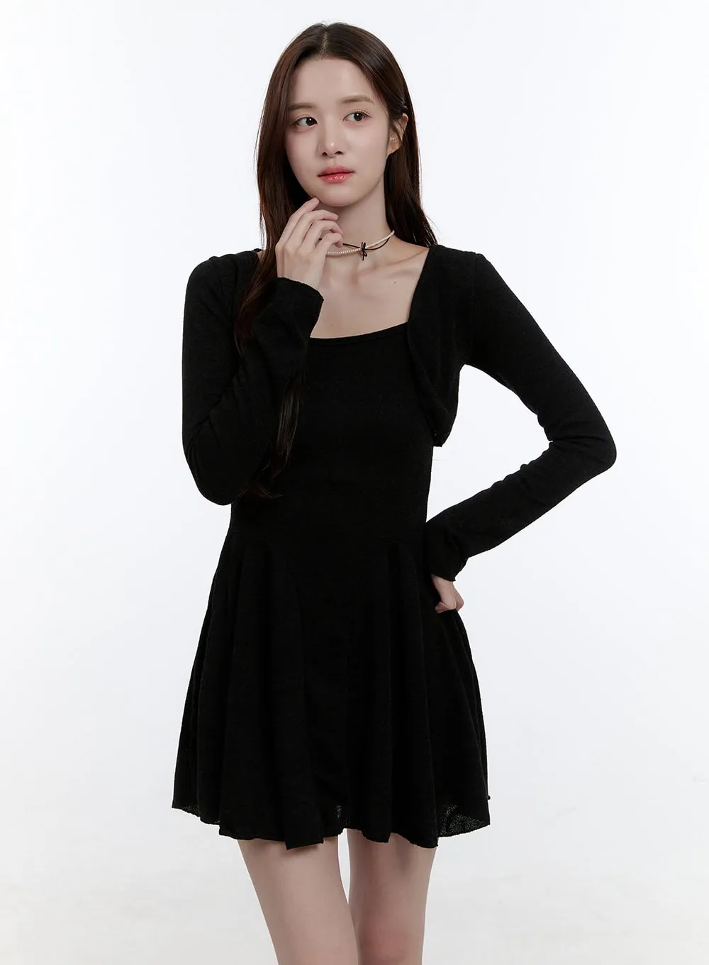 Solid Charm Mini Dress and Cardigan Set OO407