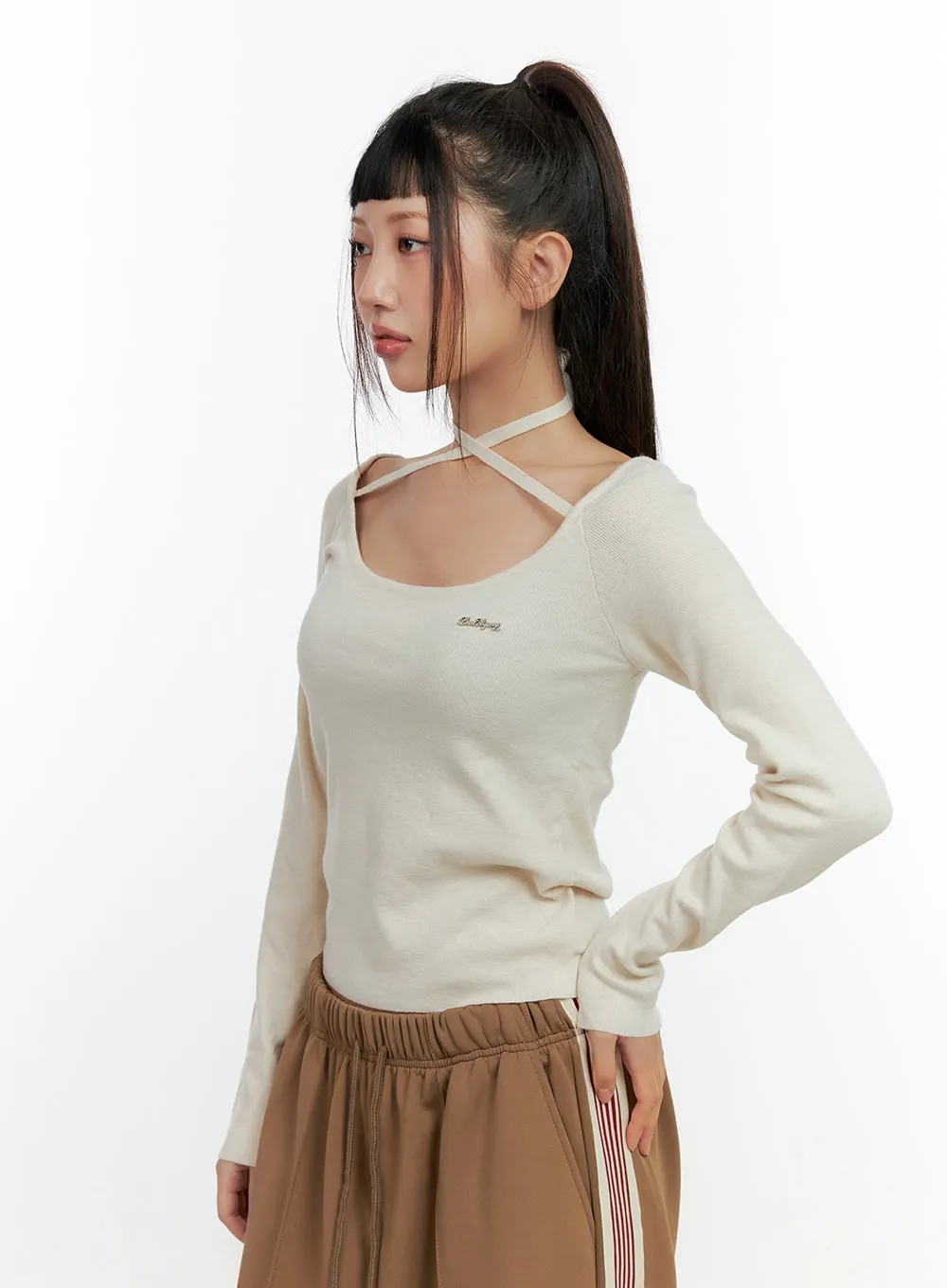 Solid Knit Long Sleeve Halter Top CN406