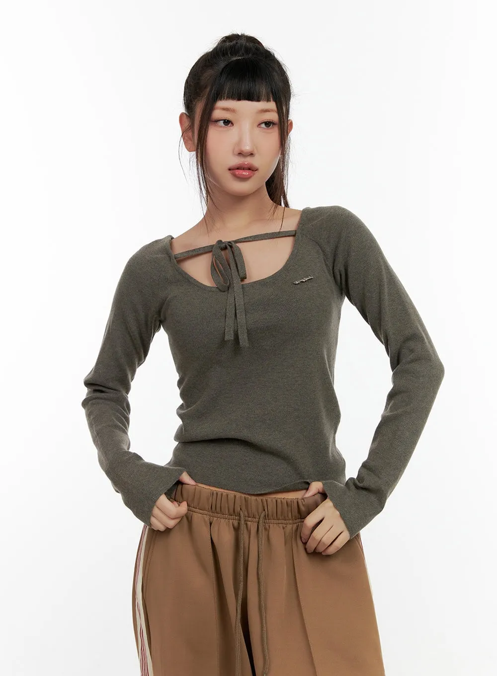 Solid Knit Long Sleeve Halter Top CN406