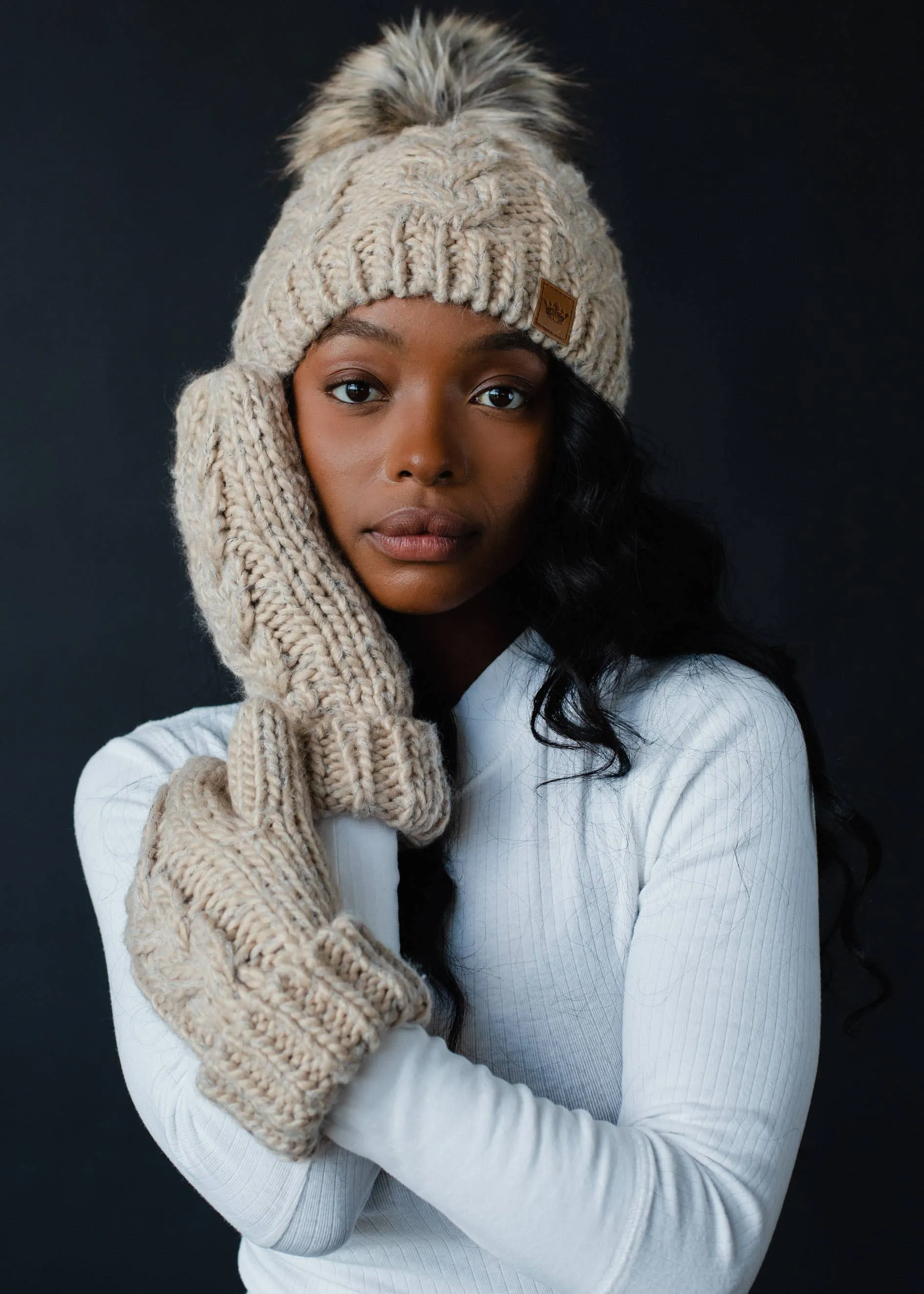 Taupe Cable Knit Pom Hat