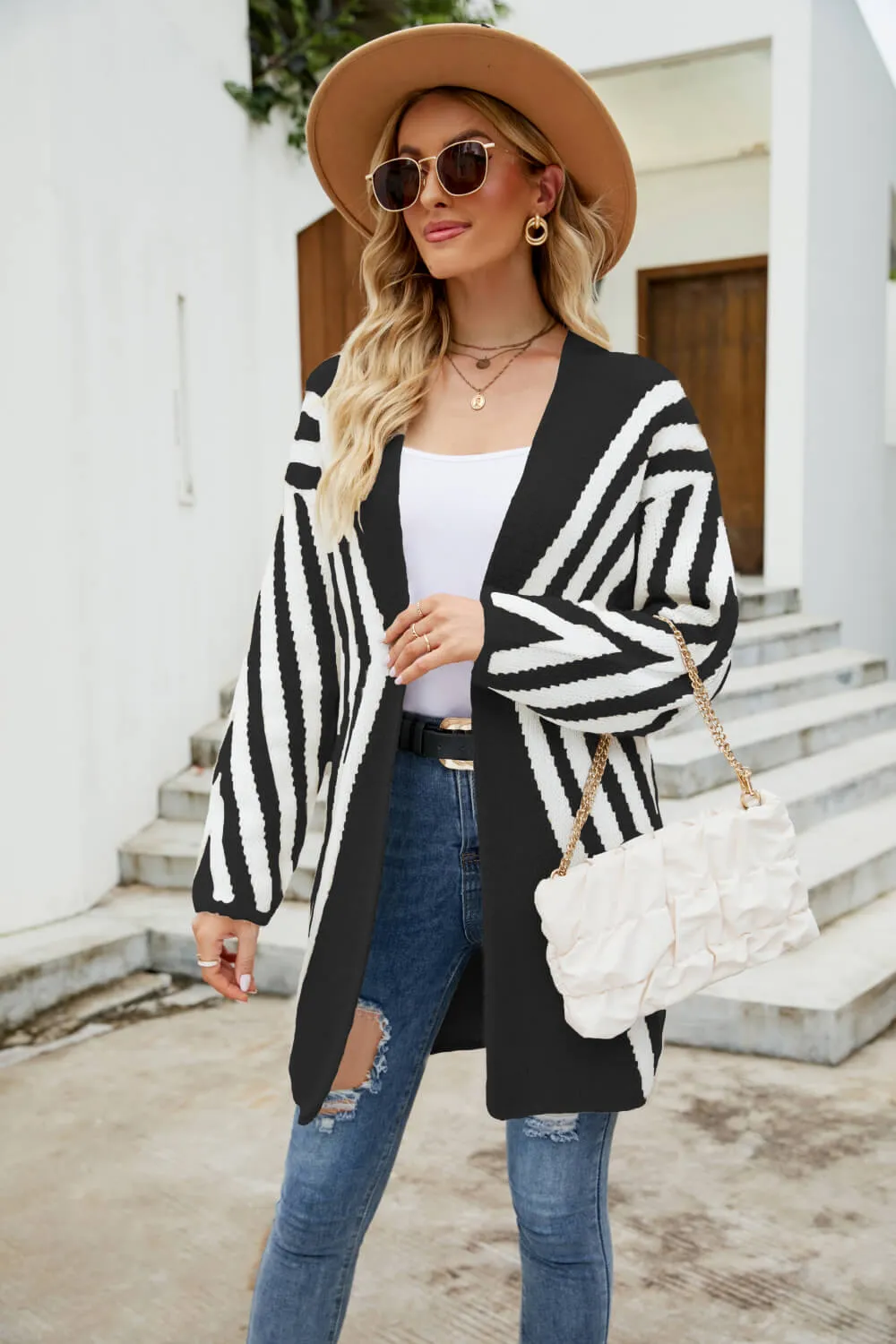 Two-Tone Open Front Fuzzy Longline Cardigan