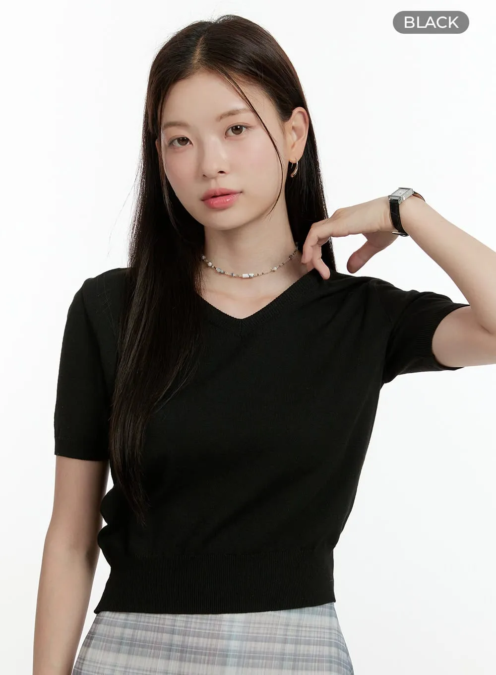 V-Neck Short Sleeve Knit Top OL423