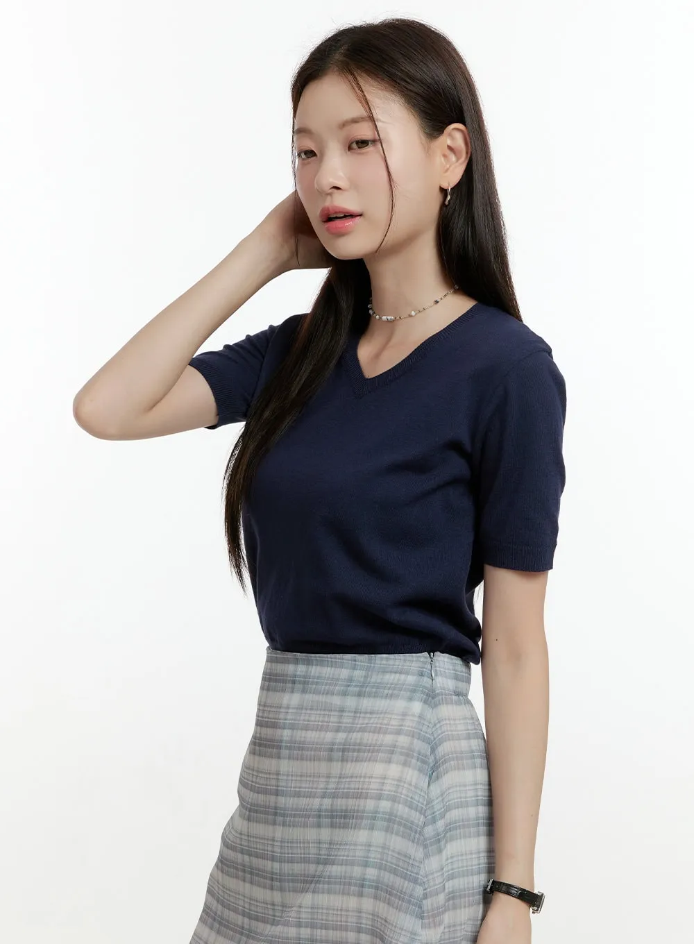 V-Neck Short Sleeve Knit Top OL423