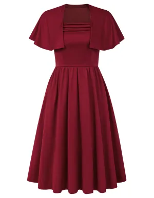 Vintage Fans Look of Vintage Square Neck Cape A-line Midi Dress Elegant Wedding Guest Cocktail Flowy Swing Dress