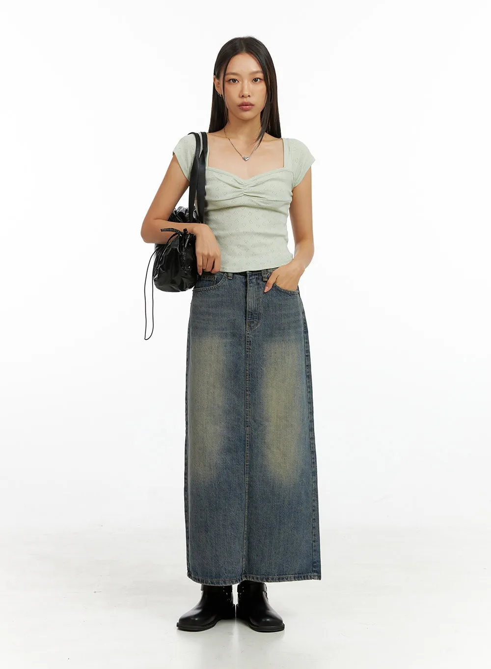 Washed Denim Maxi Skirt IG405