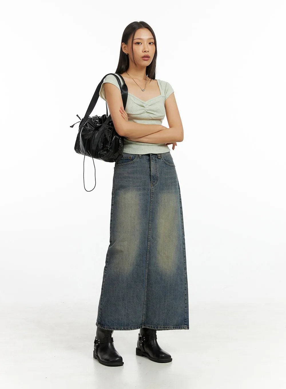 Washed Denim Maxi Skirt IG405